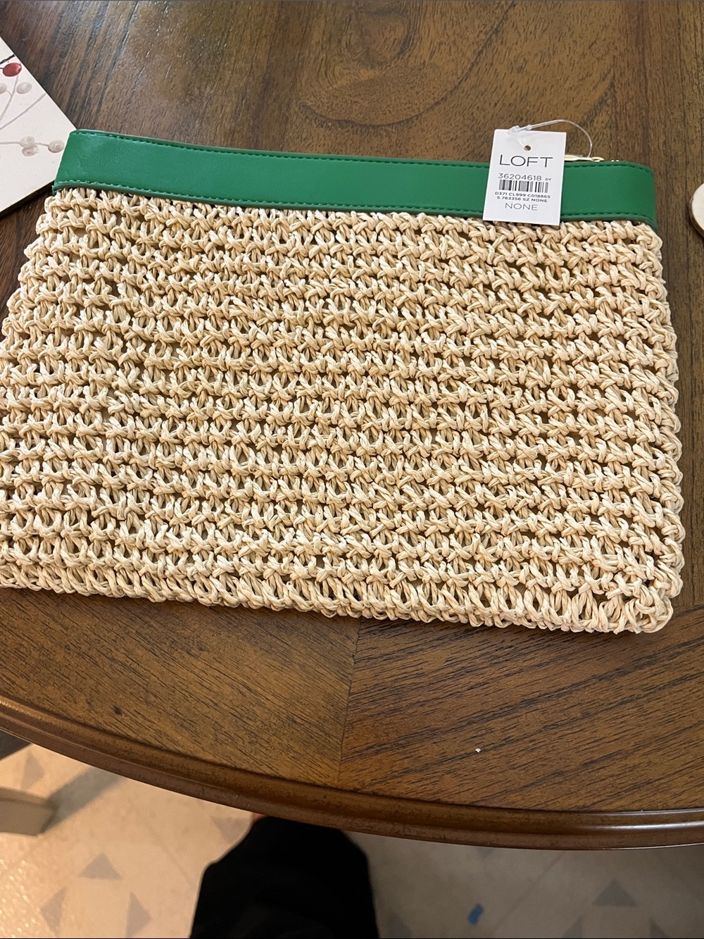 LOFT Natural Woven Straw Clutch with Green Trim